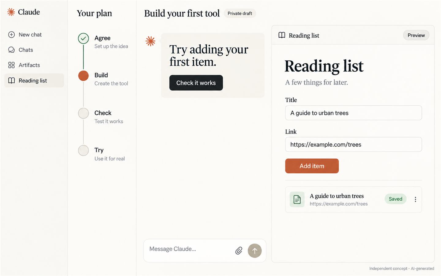 AI-generated Claude concept screen with a separate roadmap beside the conversation and reading-list preview