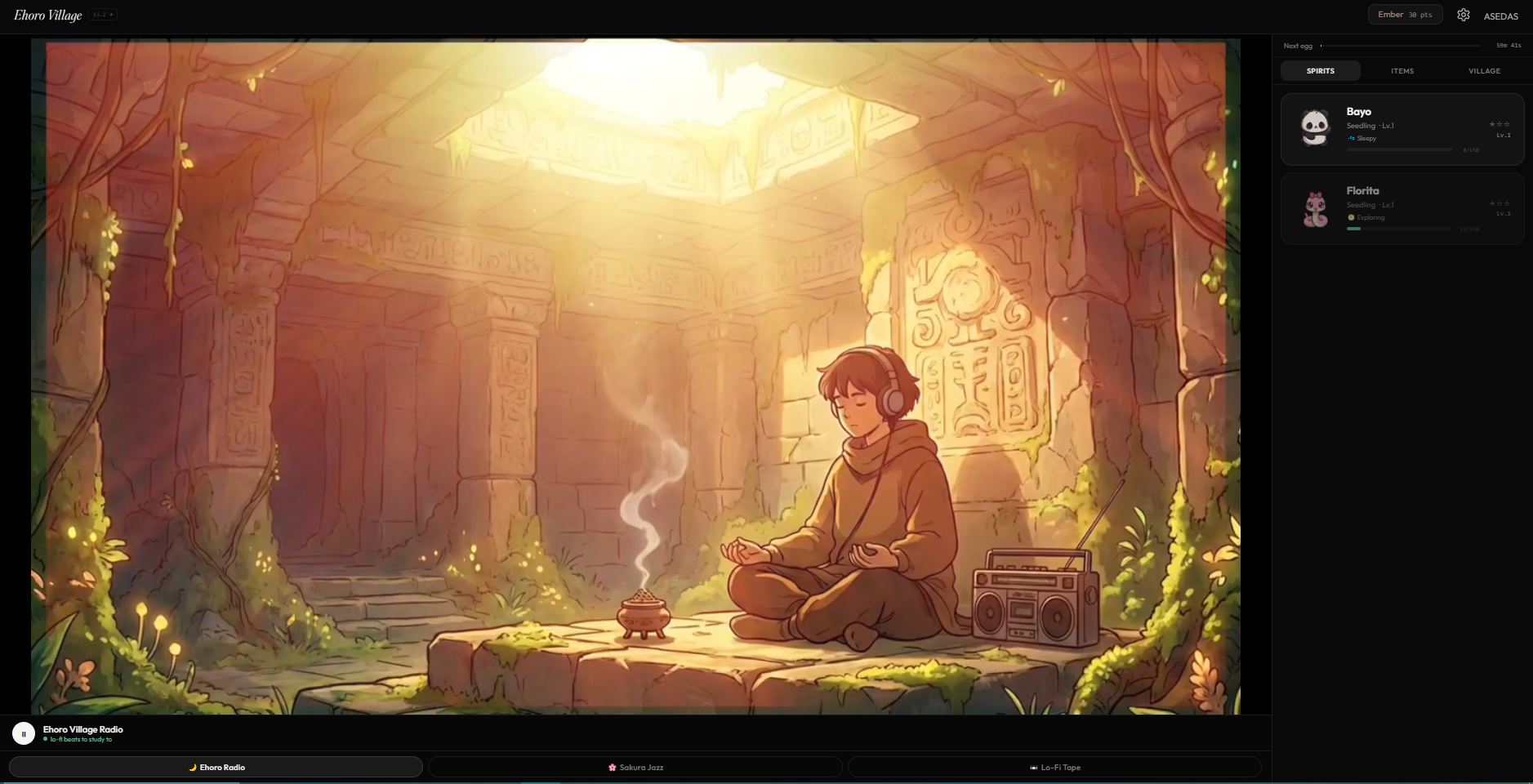 Ehoro Village — desktop view with lo-fi stream and spirit collection sidebar