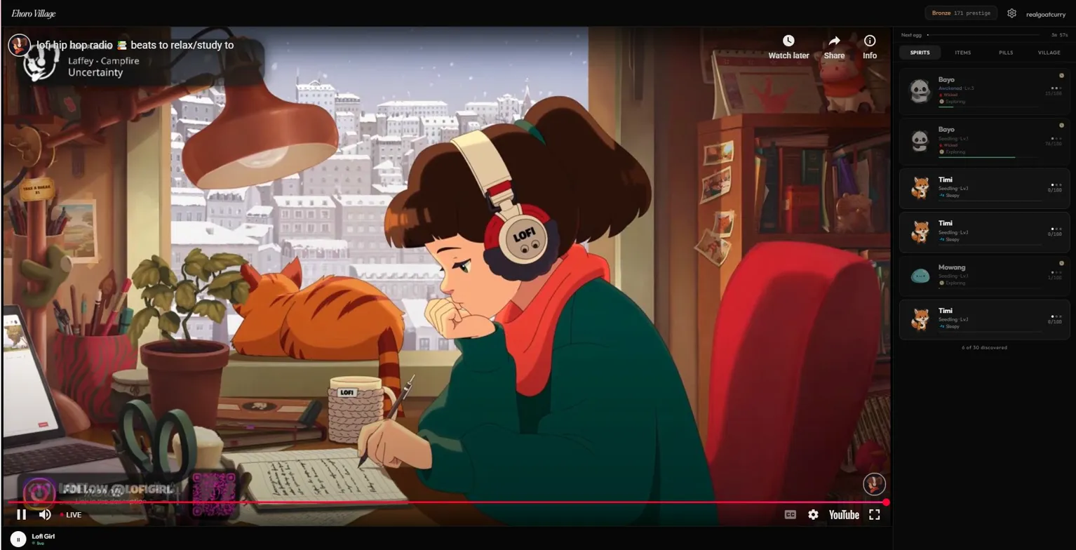 Ehoro Village — desktop view with Lofi Girl stream and spirit collection sidebar
