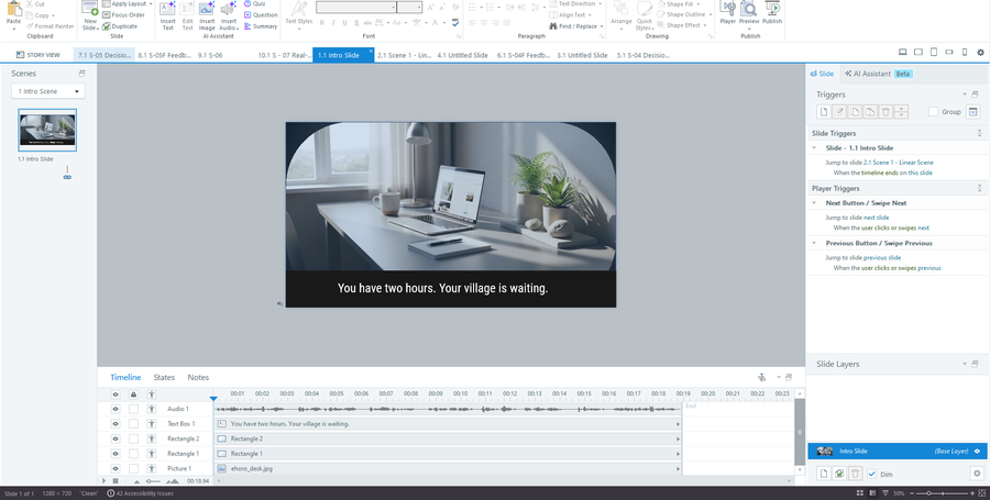 Intro slide — desk scene with auto-advance narration