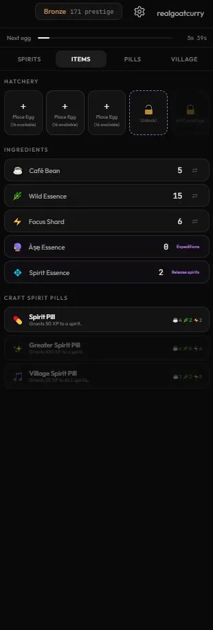 Items tab — hatchery, ingredients, and crafting