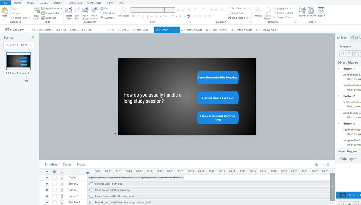 Storyline build view showing triggers panel wired to PriorMethod variable